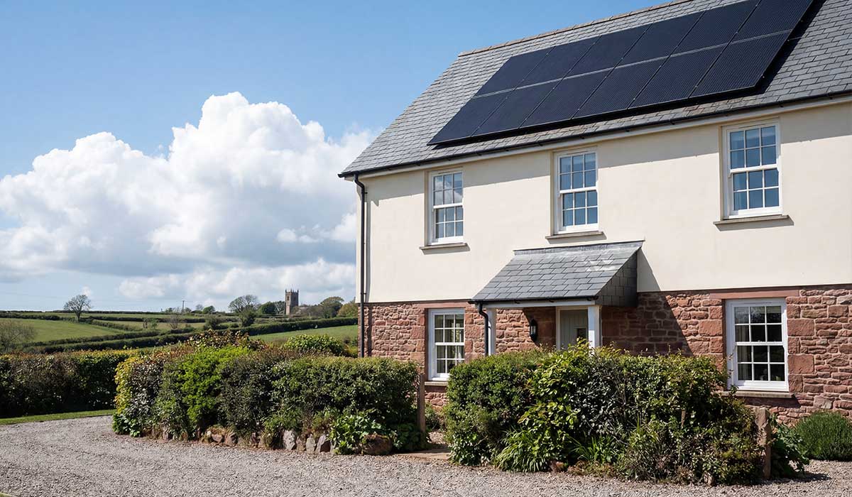 Solar panels installed on a stone cottage in Devon.