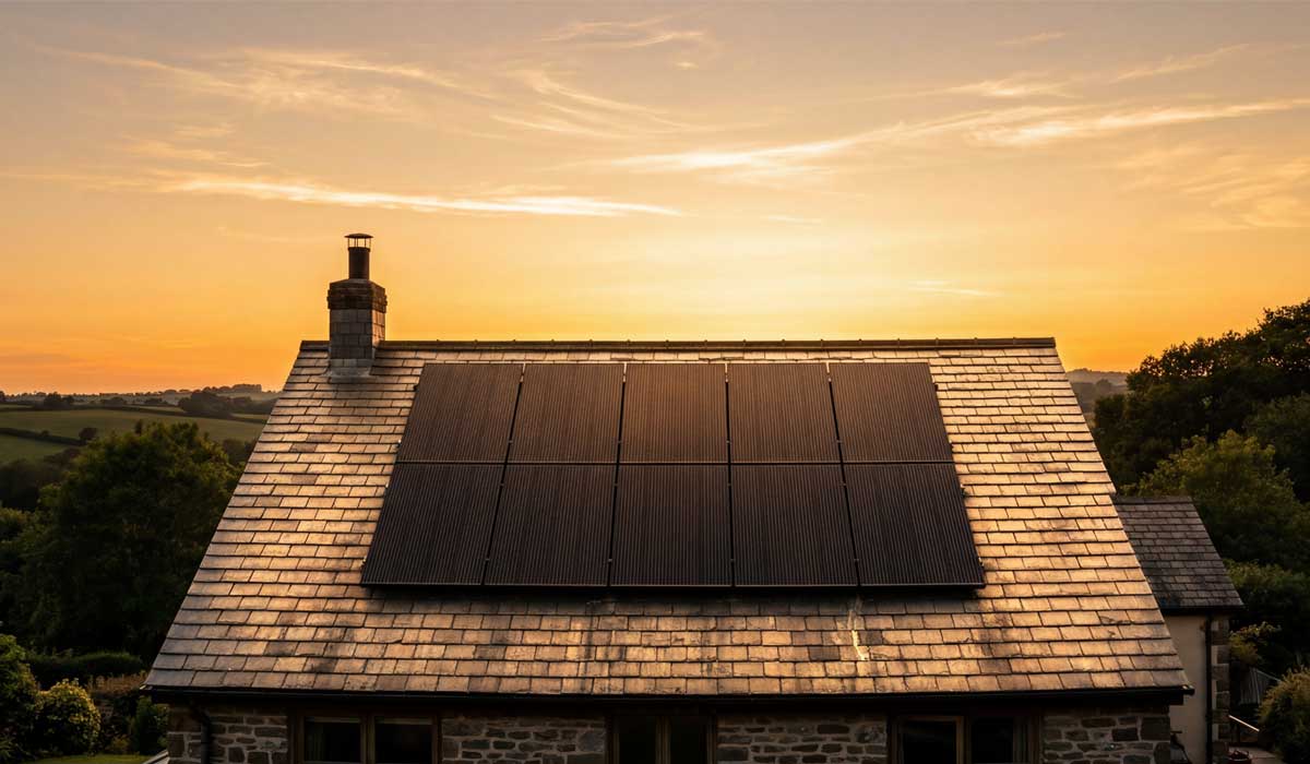 Sunset view of a completed solar roof installation